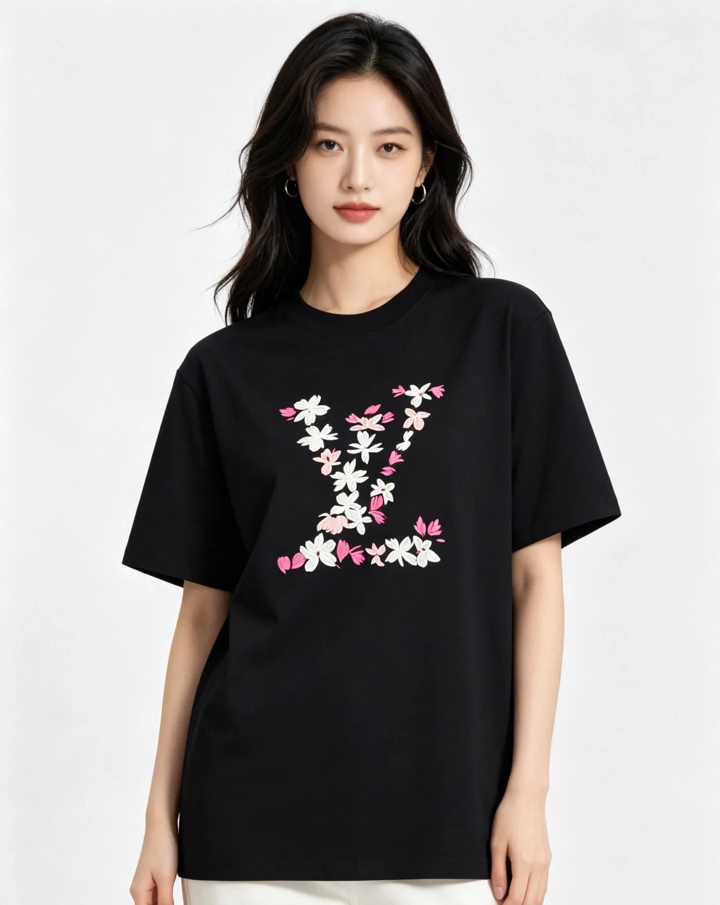 Louis Vuitton/Louis Vuitton 26ss cherry blossom embroidered LV logo short sleeves